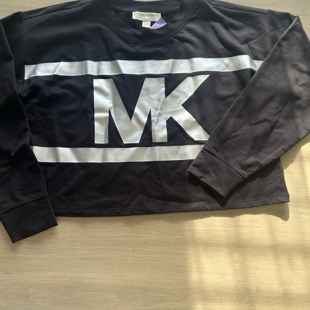 Michael Kors Silver Logo Cropped Black Sweatshirt, Size M - Picture 2 of 9